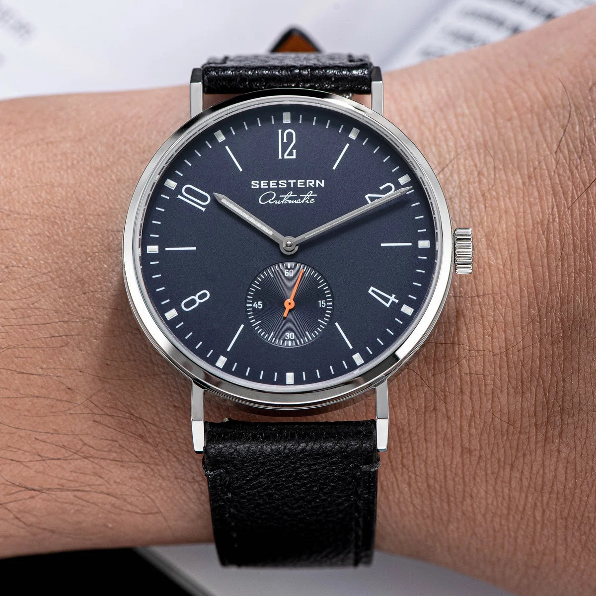 Seestern automatic men's wristwatch, dark blue dial, black leather strap