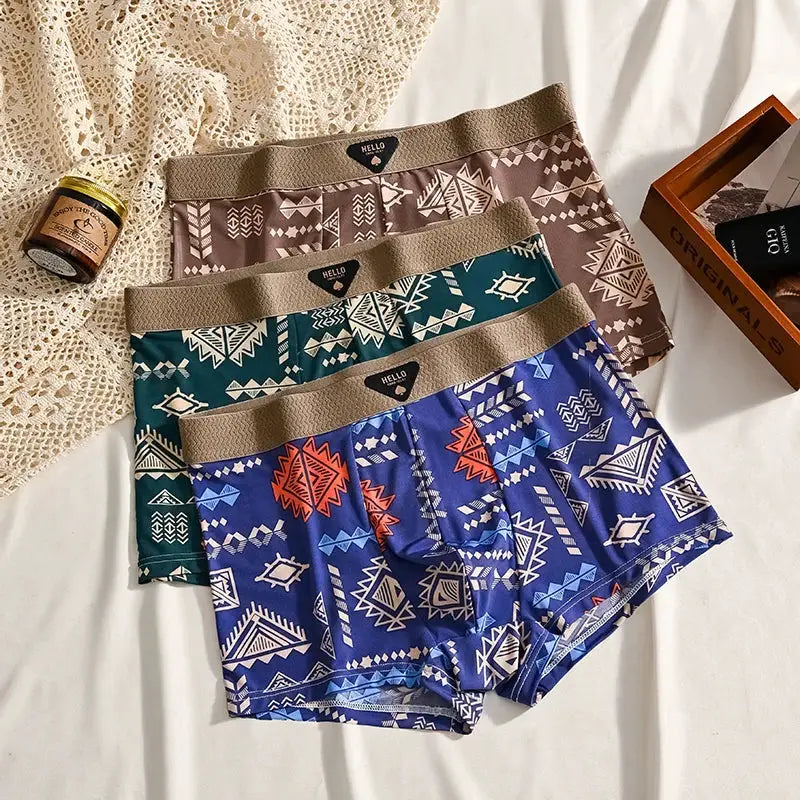 3Pcs men's boxer shorts set with brown, green, and blue geometric prints; beige elastic waistbands, breathable ice silk fabric