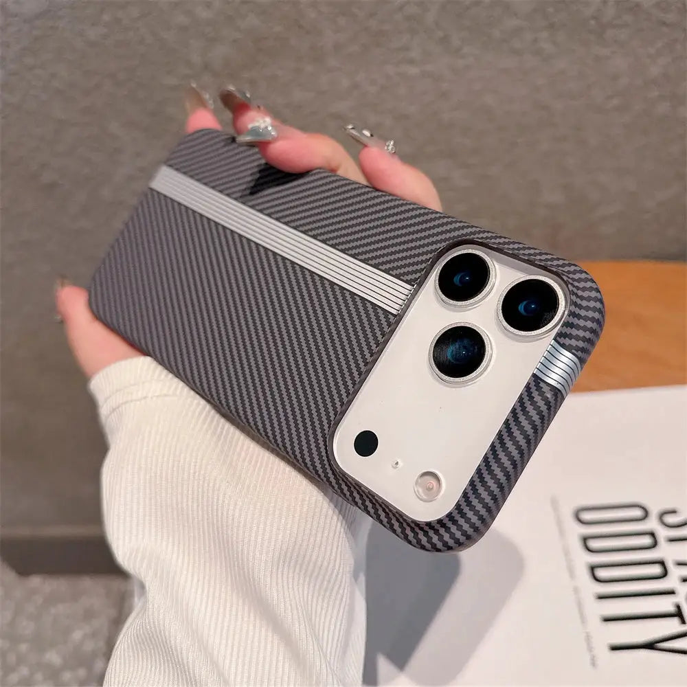 Kevlar carbon fibre PC hard case for iPhone with silver stripe, ultra-thin shockproof bumper