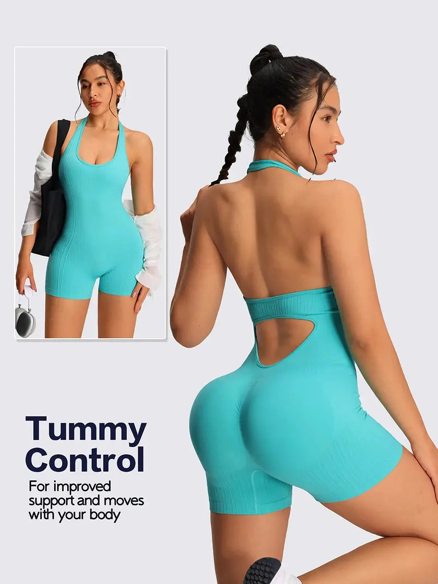Simples Market turquoise halter-neck romper jumpsuit for women, tummy-control gym wear