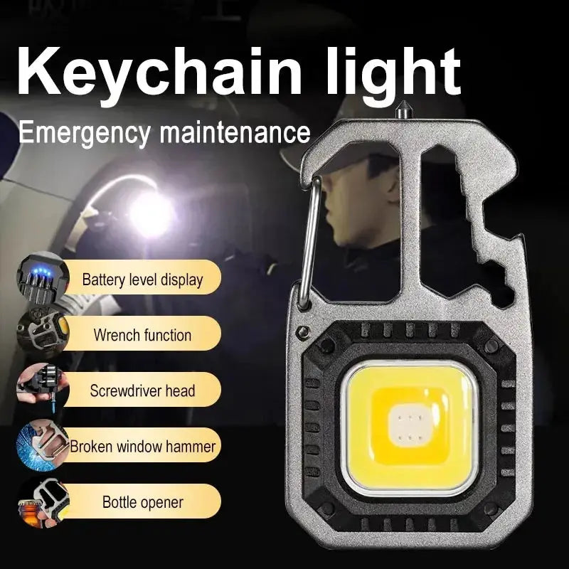 COB keychain work light with battery display, rechargeable, built-in multitool (wrench, screwdriver) portable LED