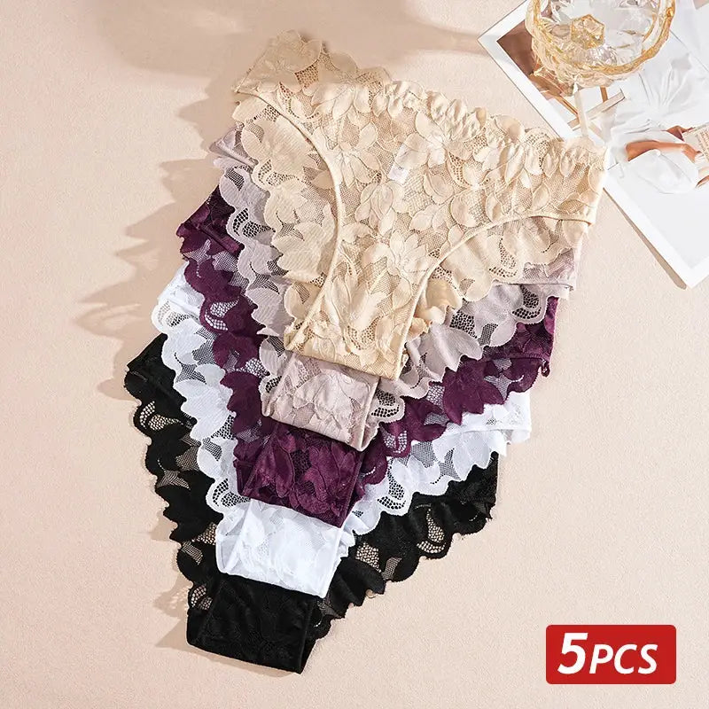 Simples Market 5-piece floral lace panties set for women, low-waist, breathable underwear in assorted colors