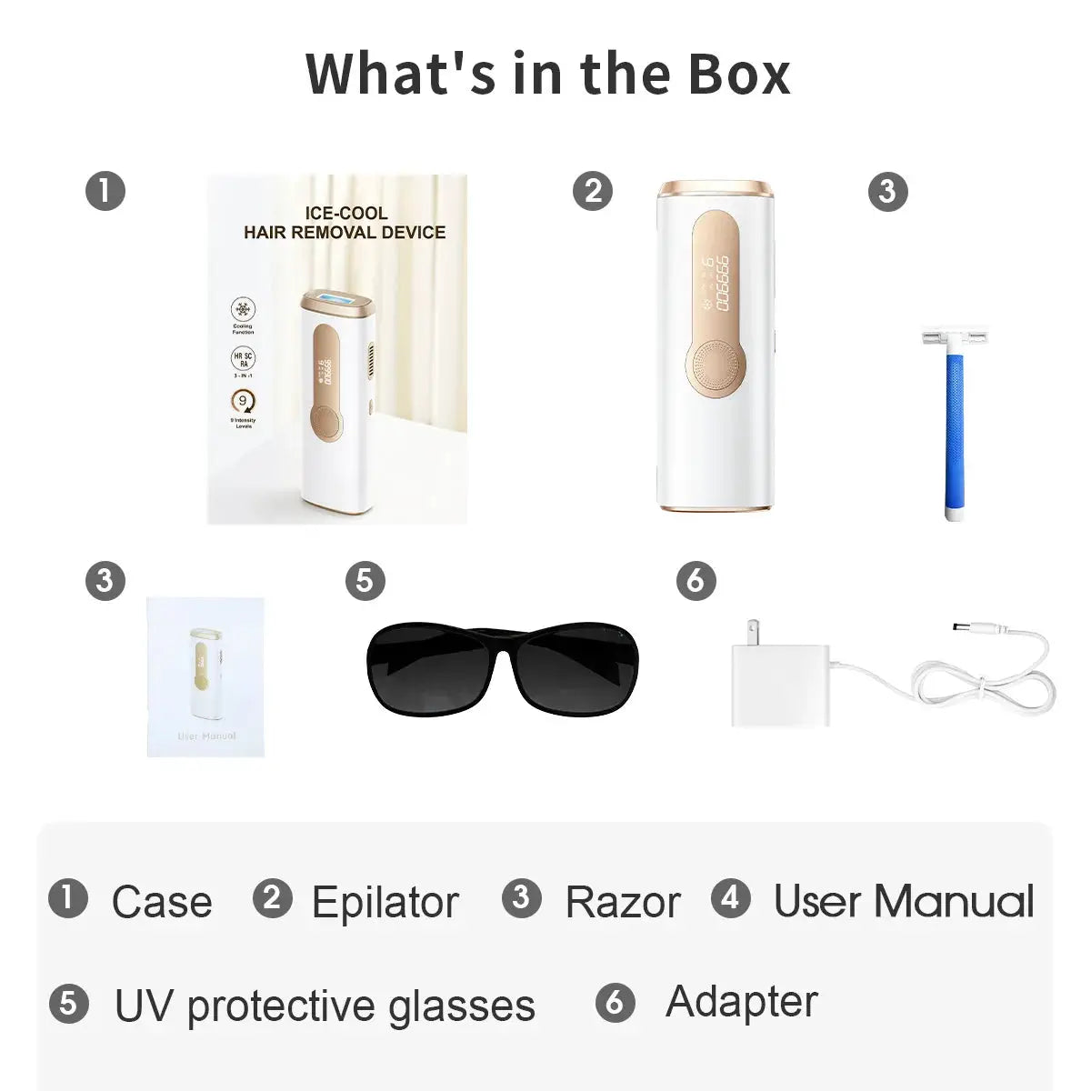 White and gold IPL hair removal device box contents: 6 items including case, epilator, razor, manual, UV glasses, adapter