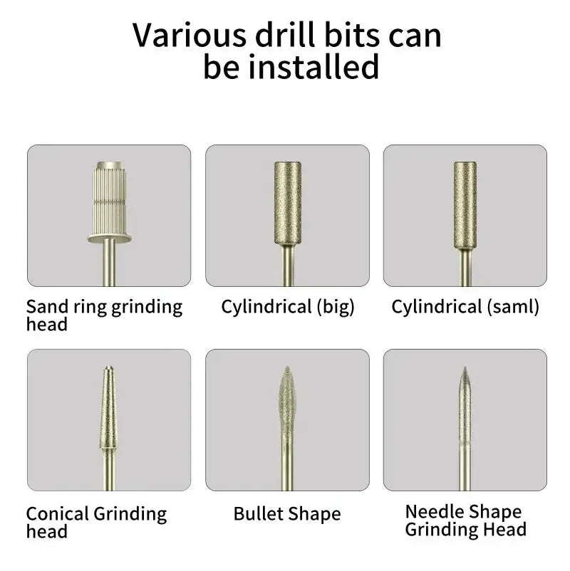 Nail drill bit set with six grinding heads: sand ring, cylindrical large, cylindrical small, conical, bullet, needle.