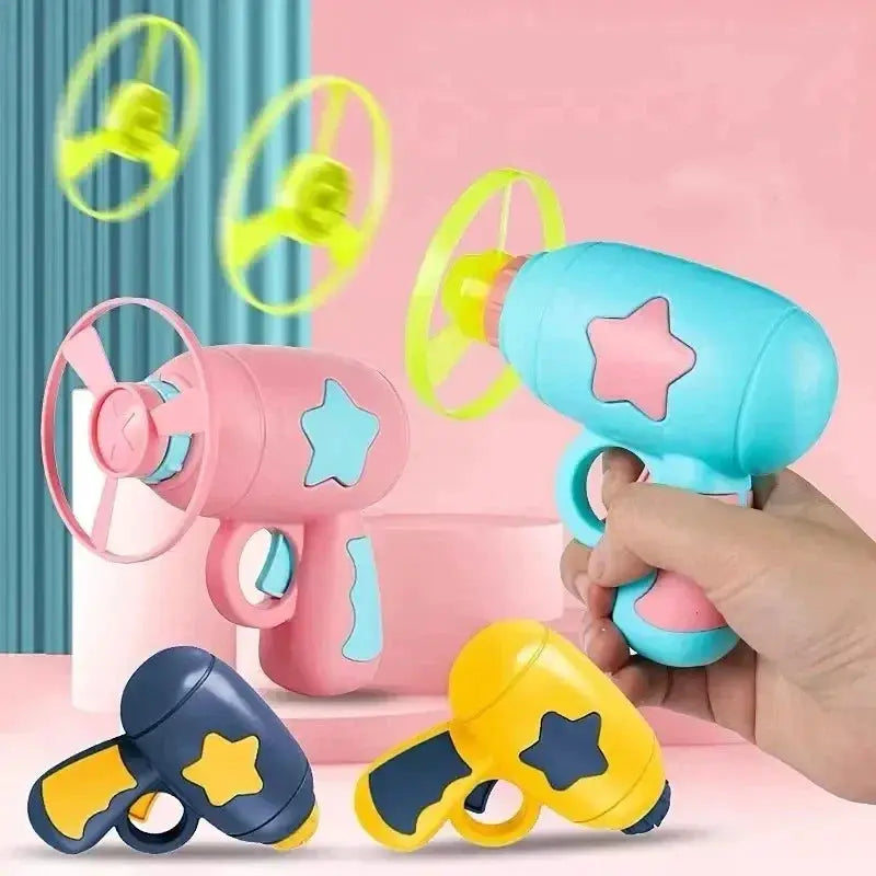 Funny cat interactive launch gun toy set for kittens, pink and blue guns with star accents and spinning discs