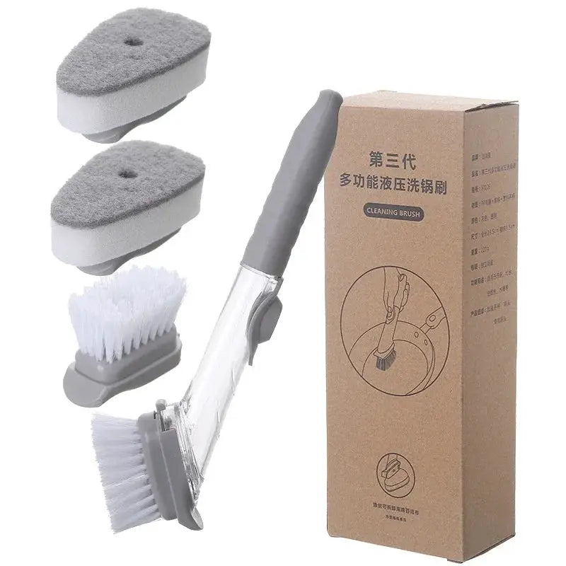 2 In 1 Kitchen Cleaning Brush With Long Handle And Removable Sponge Dispenser For Dishes Pots Pans And Stovetops