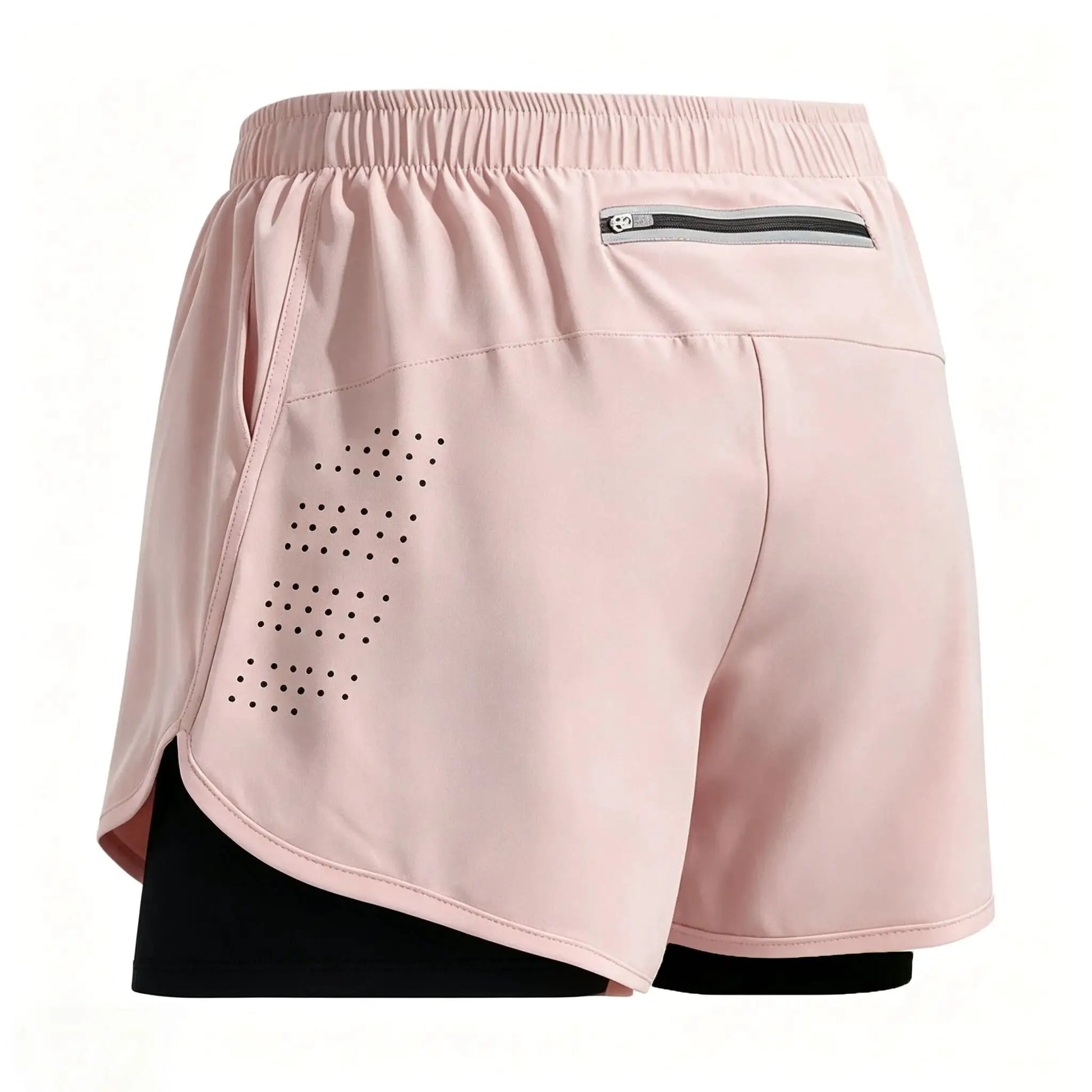 Men's 2-in-1 double-layer athletic shorts; pink outer shell with black inner shorts and a zip pocket.