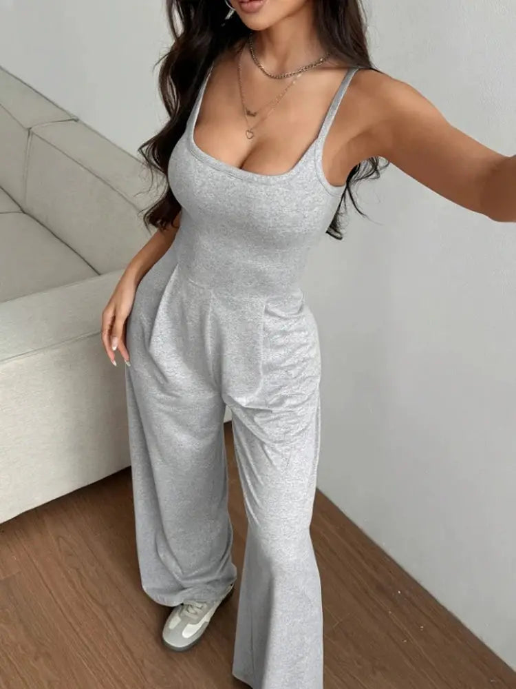 Women's gray halter backless sleeveless jumpsuit with wide-leg floor-length trousers, Simples Market