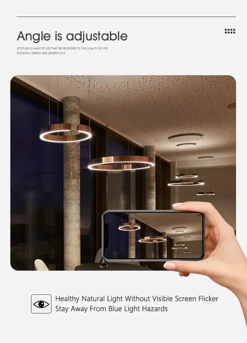 Nordic Ring LED Pendant Lamps in black and gold, dimmable hanging light fixture by Simples Market