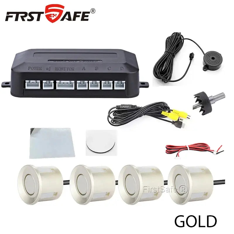 FirstSafe car rear parking radar system with 4 gold sensors, control unit and wiring harness