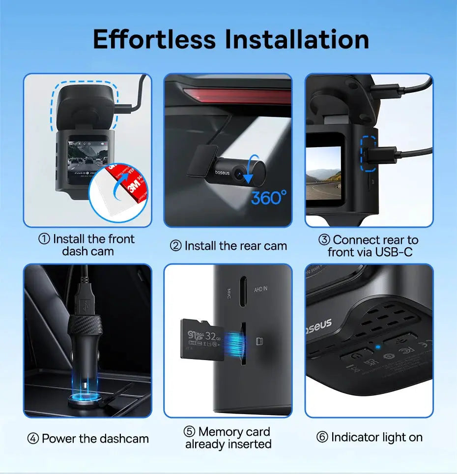 Baseus 4K dash cam VD1 Pro installation guide with front/rear cameras, USB-C, microSD card, and indicator light