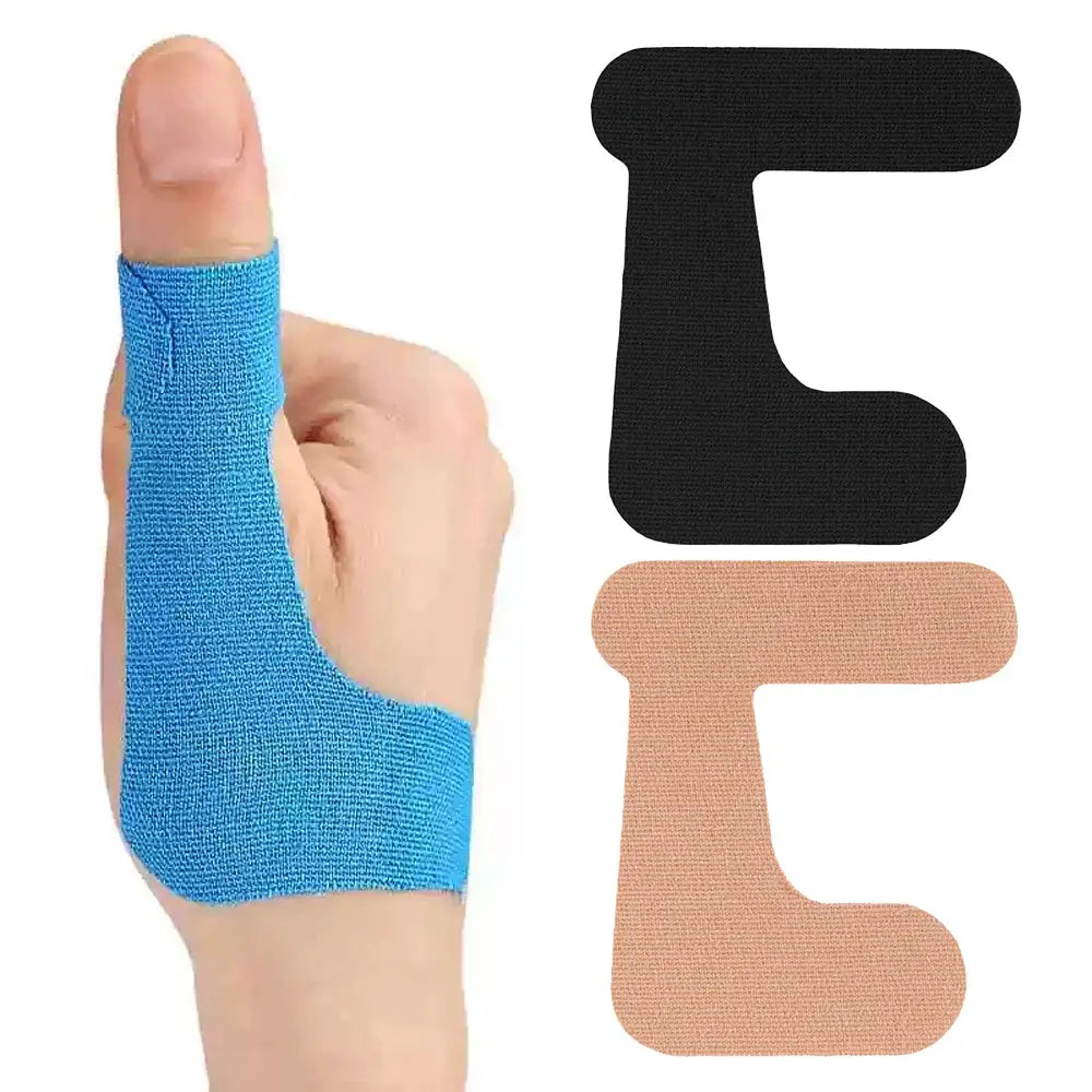10pc precut thumb support tape with self-adhesive kinesiology patches, blue thumb wrap with black and beige patches