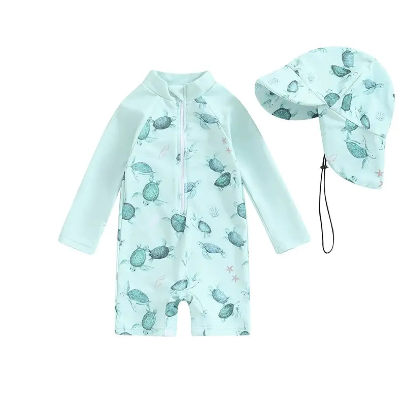 Tregren Toddler Boys Rash Guard Swimsuit Long Sleeve Turtle And Dinosaur Print Bathing Suit With Swim Caps Beachwear