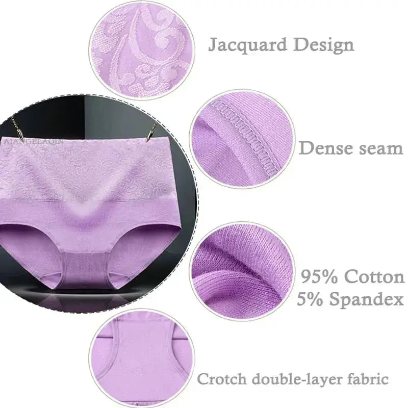 Plus-size high-waist lavender cotton panty with jacquard design; 95% cotton, 5% spandex, double-layer crotch.