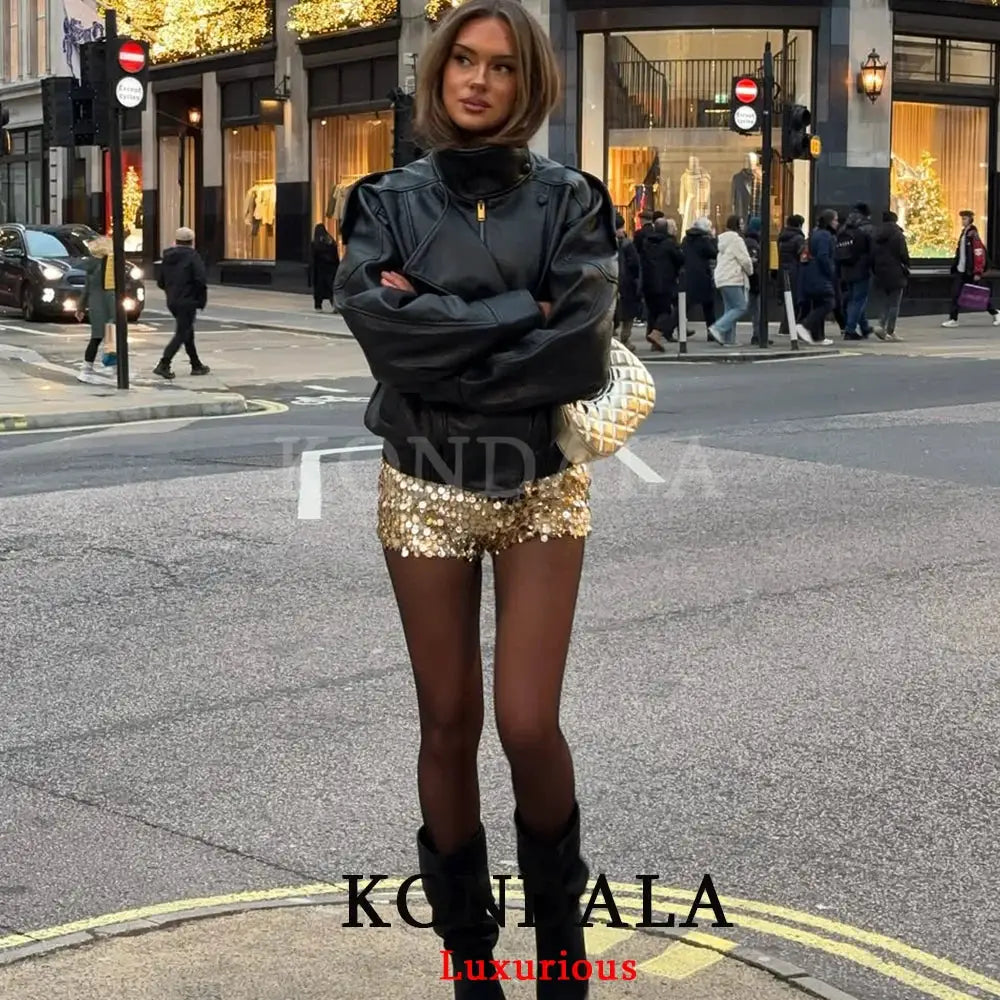 Kondala Womens Black Leather Jacket Casual Chic Oversized Elastic Fit With Button Details For Streetwear 2026