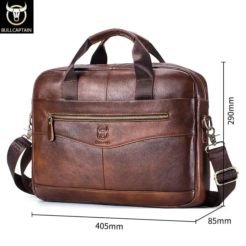 BullCaptain Leather Briefcase Messenger Bag for Men 14 Inch Laptop Compatible Genuine Cowhide for Office Professional