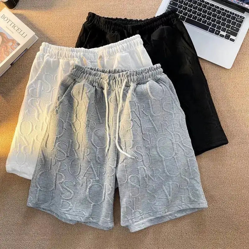 Simples Market premium waffle casual shorts for men; black, white and gray drawstring waist loose wide-leg 3-color set.