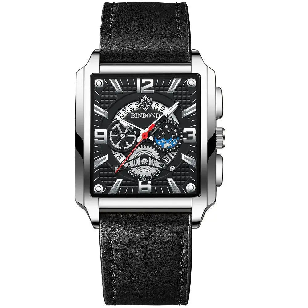 BINBOND men's watch with square silver case, black dial, subdials, red seconds hand, black leather strap.