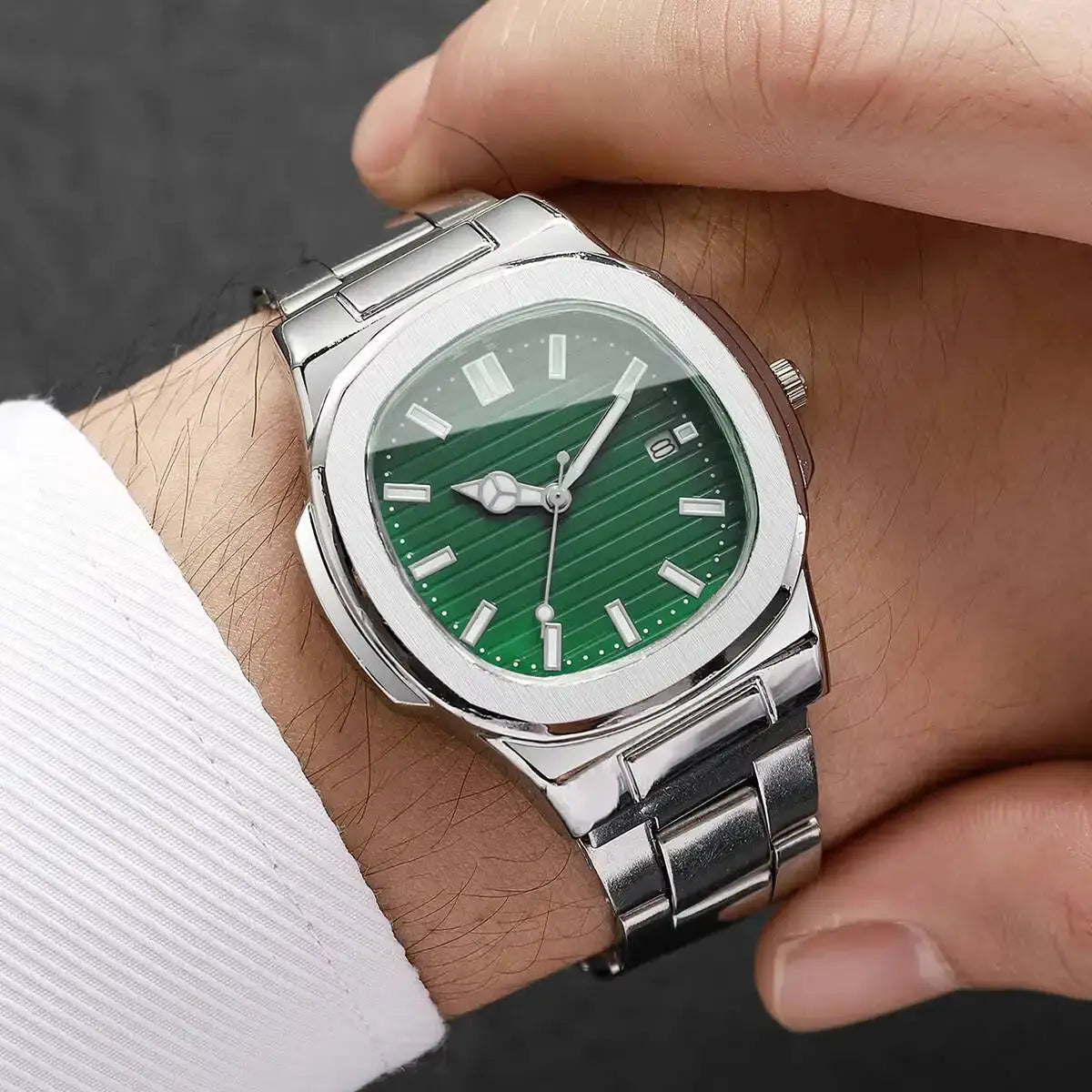 AuroraTime Luxury Square Dial Mens Business Watch Stainless Steel Strap Quartz Movement Calendar