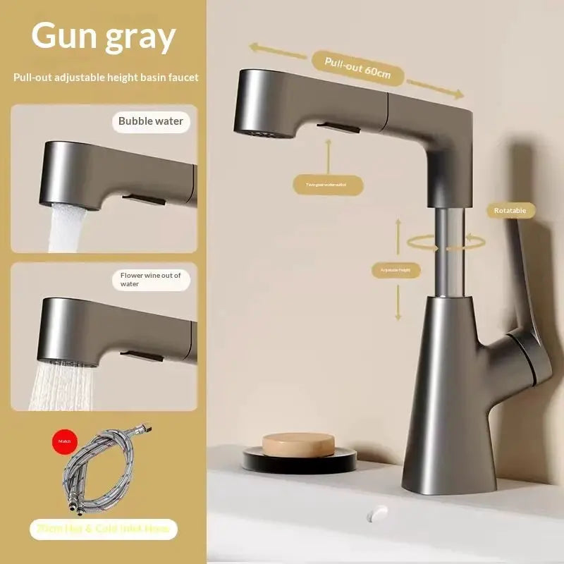 Hair washing bathroom faucet by Simples Market, gun-gray pull-out liftable 360° rotatable mixer with 2 spray modes.