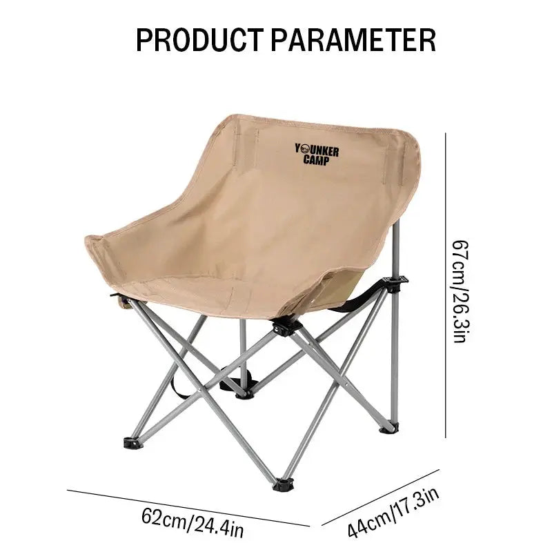 Moon chair outdoor folding camping seat in beige with metal frame, YOUNKER CAMP logo, portable seating