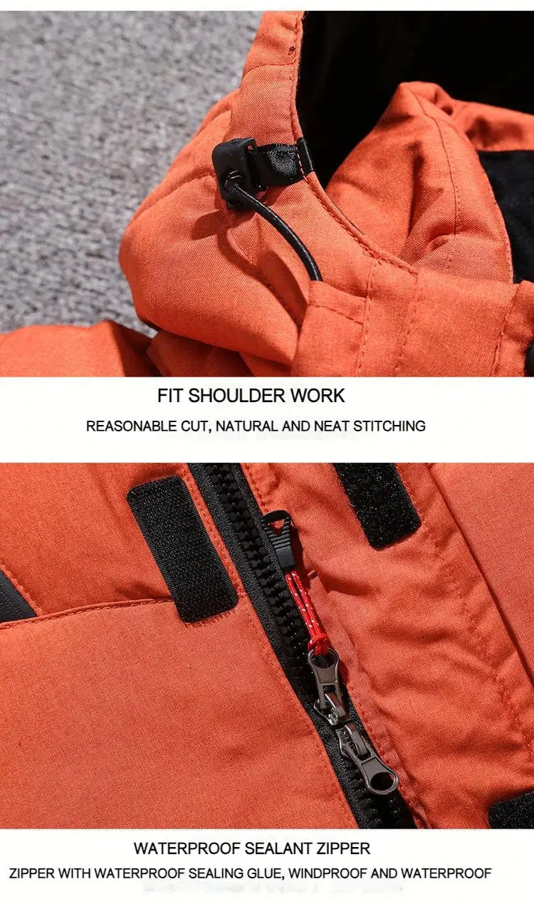 Simples Market men's orange hooded down jacket with waterproof zipper and adjustable cord lock