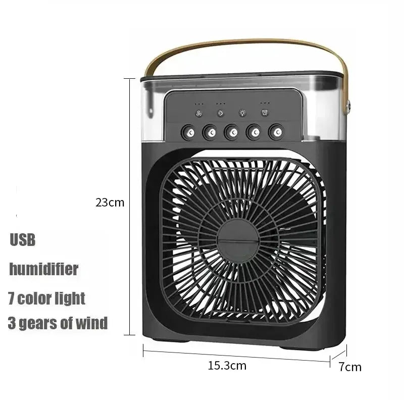 3-in-1 USB mini fan by Simples Market with humidifier, LED night light, and 7-color LED lights; compact desk cooler