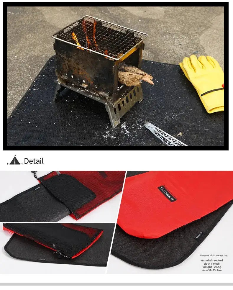 Fireproof camping insulation mat by Simples Market; black fiberglass mat with red storage bag