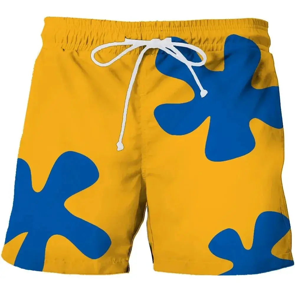 Yellow Patrick Star print board shorts with blue shapes, quick-dry unisex swim trunks