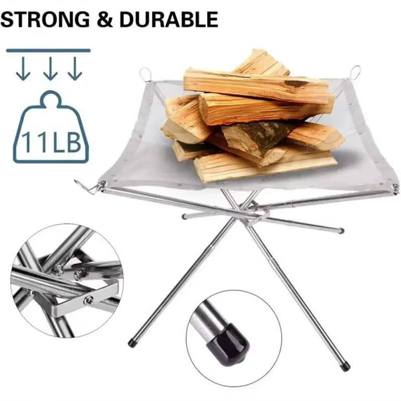 Simples Market portable stainless steel camping fire pit grill with foldable X-frame and 11 lb capacity