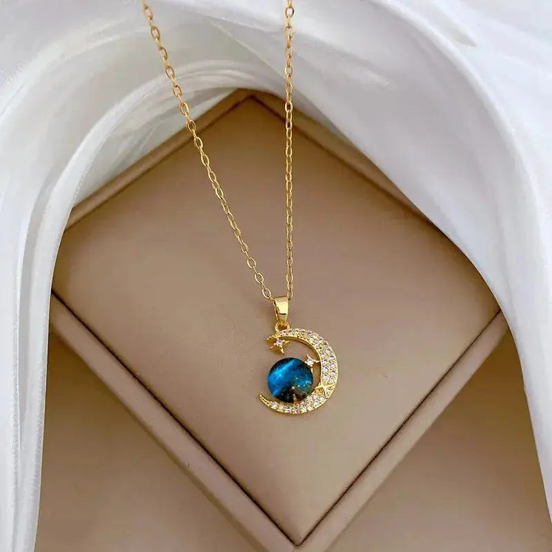 Light Luxury Titanium Steel Star Series Necklace For Women With Gold Planet Moon Astronaut Pendant Jewelry Gift