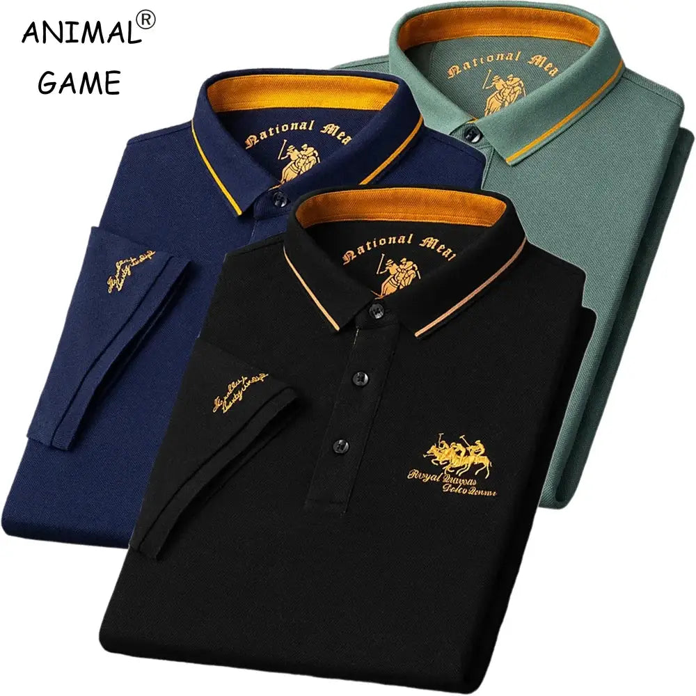 Simples Market men's embroidered polo shirts, set of 3 in navy, black and green with orange collars and gold crest