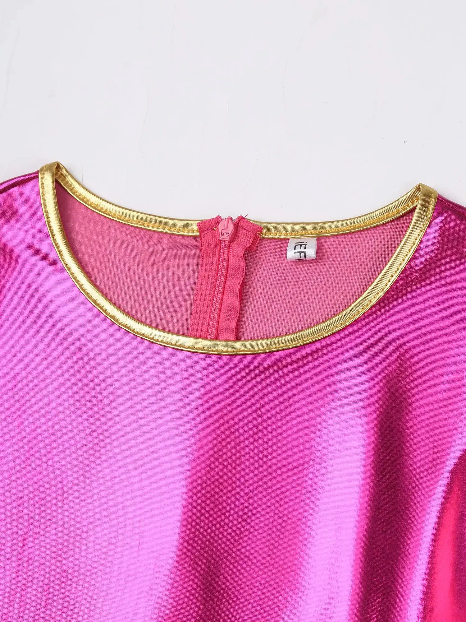 Womens pink metallic jumpsuit neckline with gold trim and back zipper, Simples Market