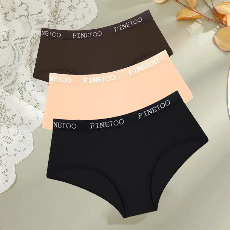 Panties set: Finetoo 3-pack cotton low-rise briefs for women in black, nude, and brown with branded waistbands