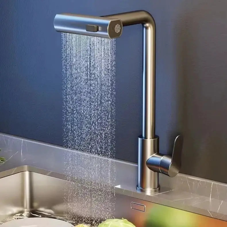 Grey/silver pull-out kitchen faucet by Simples Market, deck-mounted with flexible hose and dual stream/shower mode