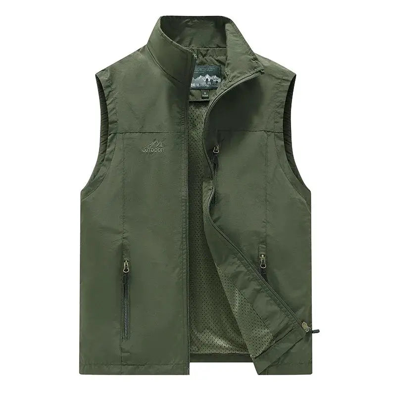 Men's olive green waistcoat vest with zip pockets, breathable mesh lining and standing collar for outdoor leisure