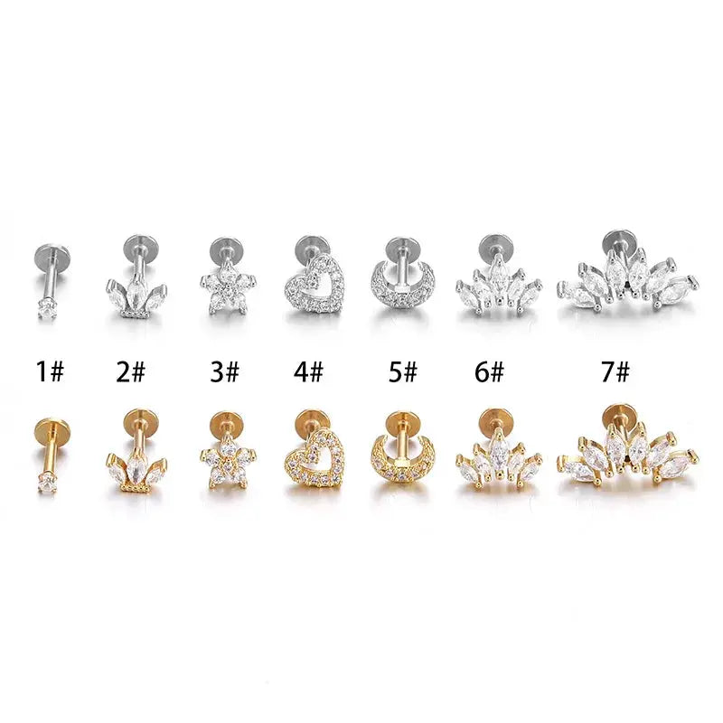 Cartilage earrings set, 14 pieces in silver/gold tones with heart, flower, crown designs; 1.2mm stainless steel CZ