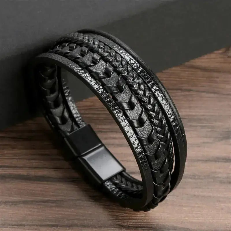 Classic Mens Leather Bracelet Hand Woven Multi Layer Style Fashion Jewelry For Men Durable Casual Accessory