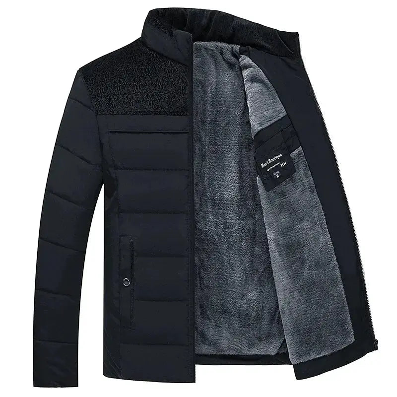 Simples Market men's black padded puffer jacket with plush grey fleece lining and stand collar