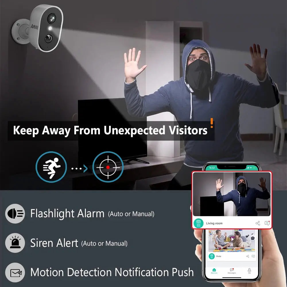 ANRAN 2K rechargeable battery security camera with PIR motion detection, 2.4G WiFi, IP65, app compatible