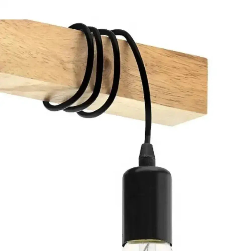 Retro chandelier ceiling light with wood beam and black coiled cord pendant