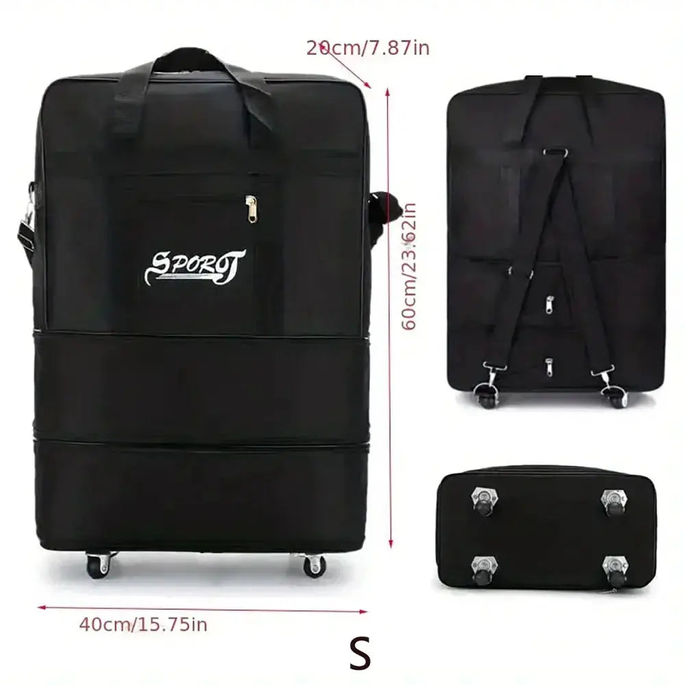 Travelling Pack black expandable wheeled luggage with front pocket and SPORT logo