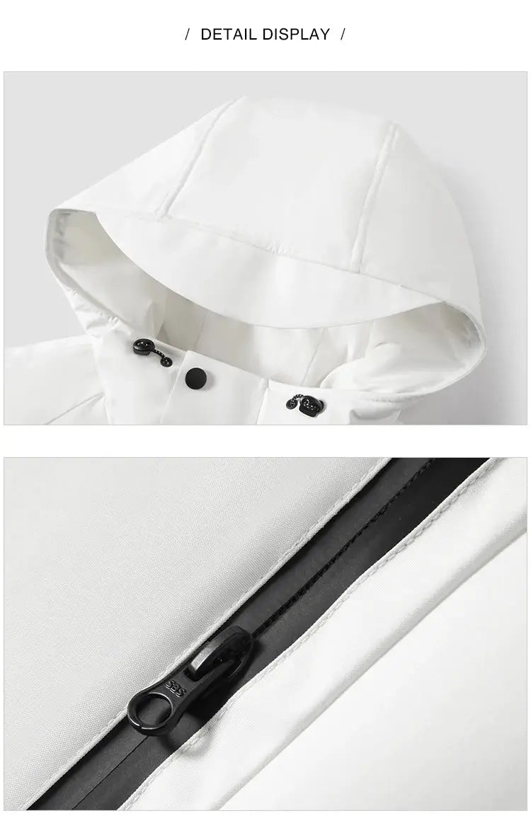 Semir men's white down jacket by Simples Market, hooded mid-length, rainproof and windproof with zipper