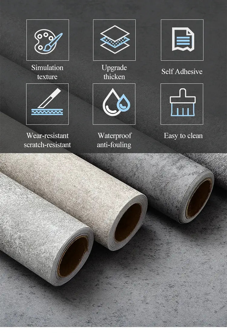 Simples Market 40cm thick PVC floor sticker rolls with gray stone texture; self-adhesive, waterproof, wear-resistant