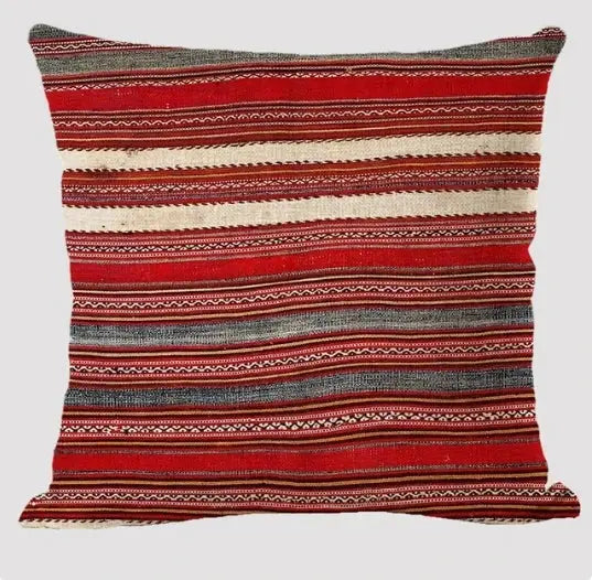 Bohemian linen cushion cover with multicolor red, white, beige and black striped geometric patterns