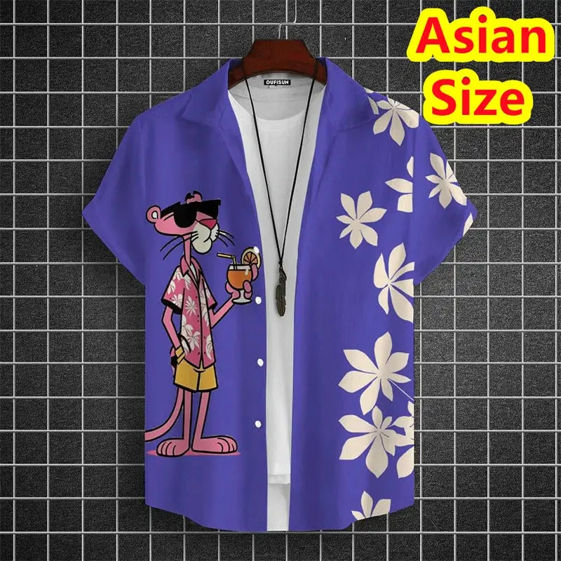 Men's purple lapel shirt featuring cartoon tiger with drink and white hibiscus print, Asian size, Simples Market