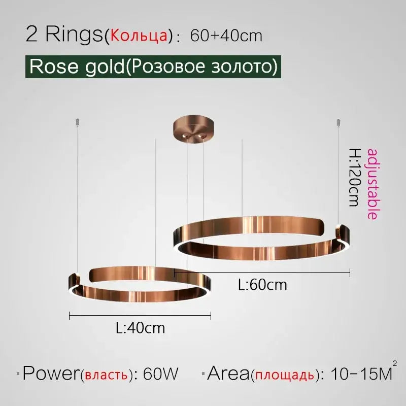 Nordic Ring LED Pendant Lamps, rose gold finish, 2 rings, 60W dimmable hanging light fixture