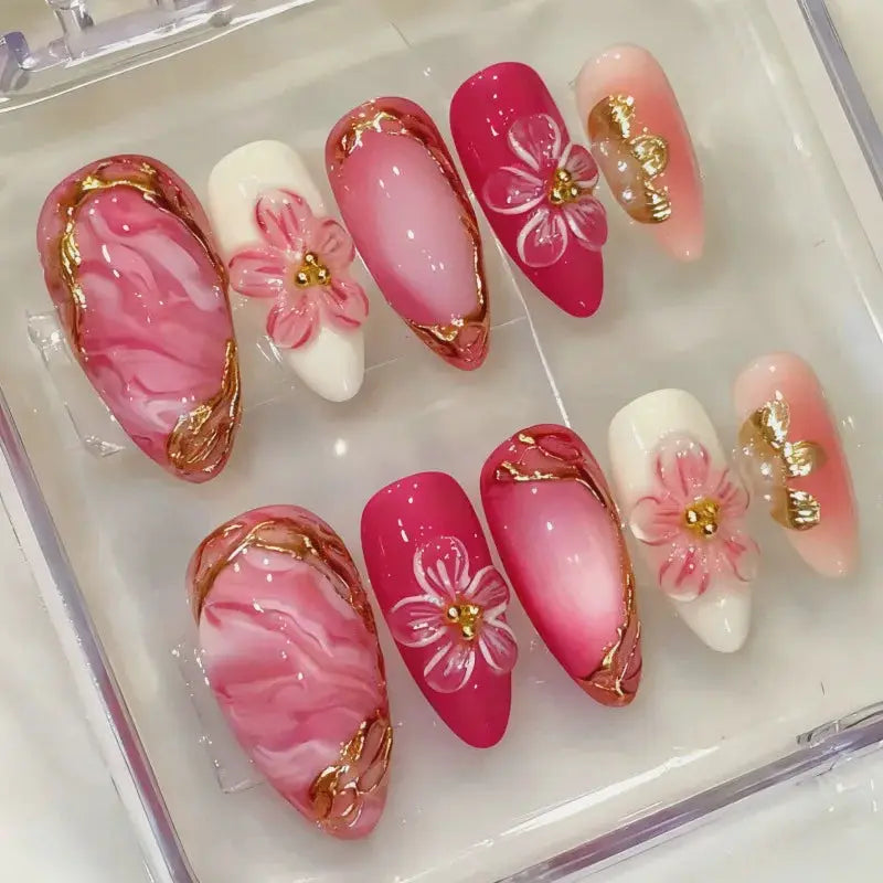 GlamNail Pink Almond Press On Nails Full Coverage Carved Flower 3D Ripple French Tips Golden Pearl Finish