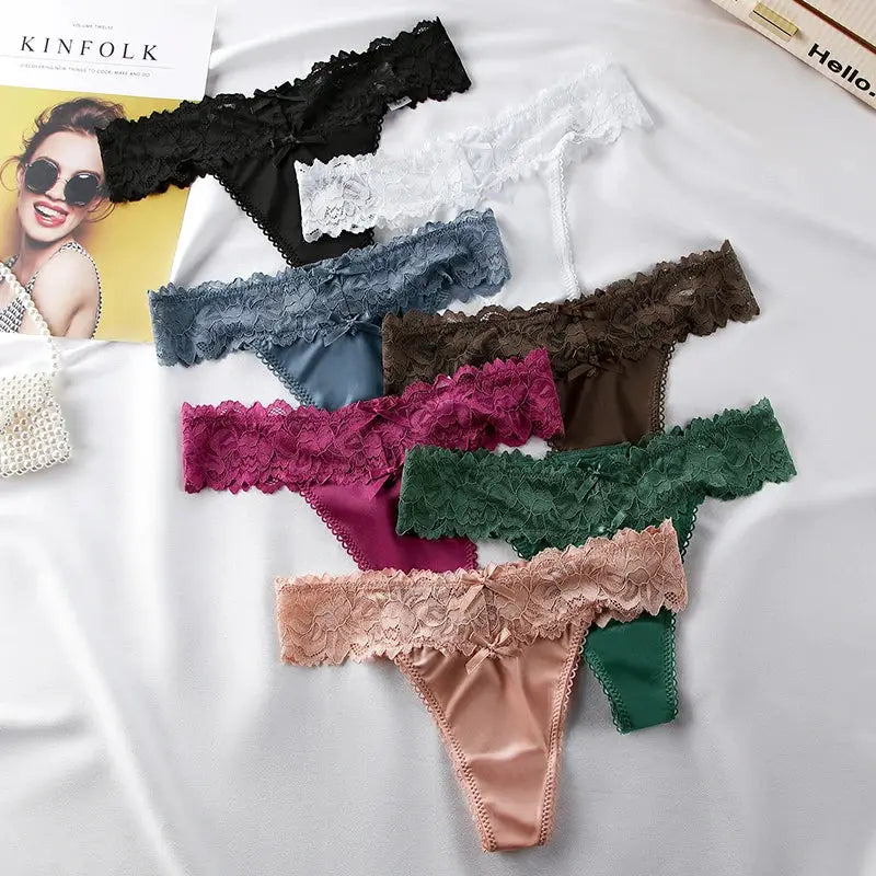 BANNIROU lace thong underwear set by Simples Market, 9 assorted colors in soft lace.