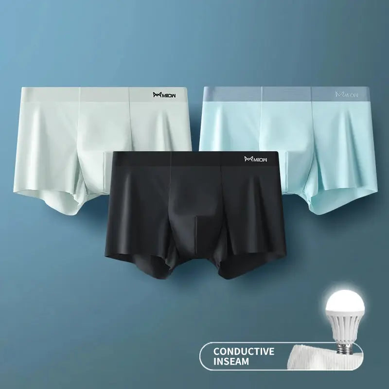 MIIOW 3-pack ice silk men's boxer briefs with antistatic metal fiber, seamless hems in white, light blue, and black.